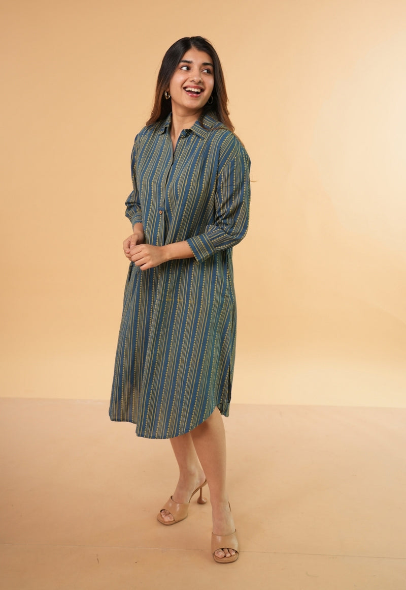 Ridah Blue Ajrakh Cotton A Line Dress