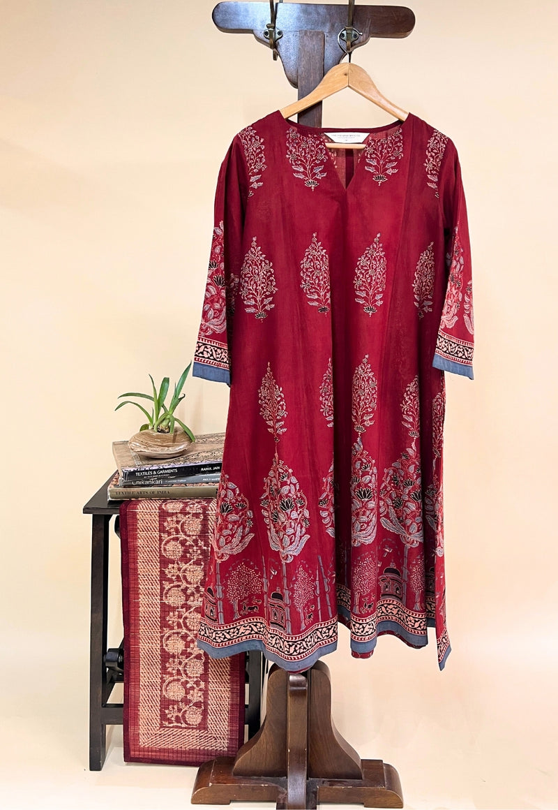 Prisha Red Ajrakh Cotton Kali Kurta