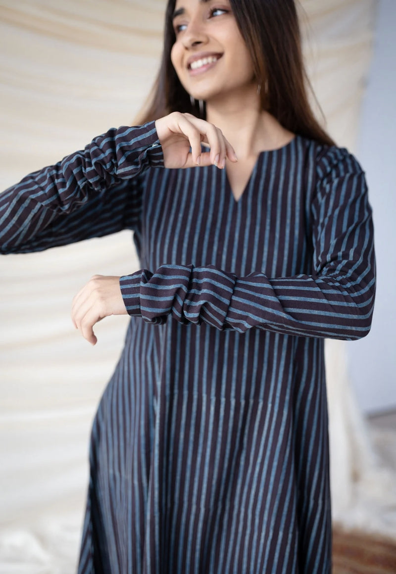 Neela Cotton Striped Ajrakh Kali kurta