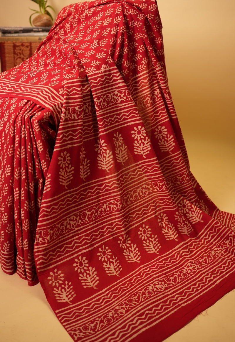 Red Butti Dabu Hand Block Print Cotton Saree