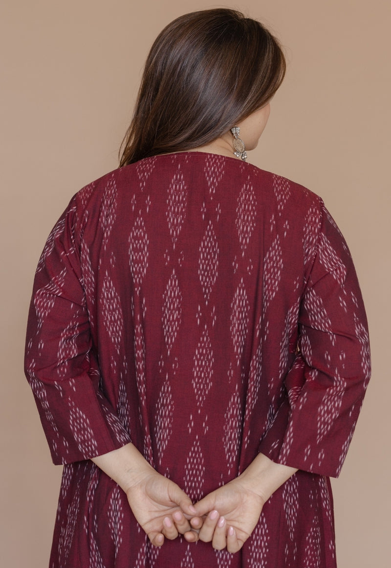 Alizah Red Handloom Ikkat Cotton Jhabbha Kali Kurta