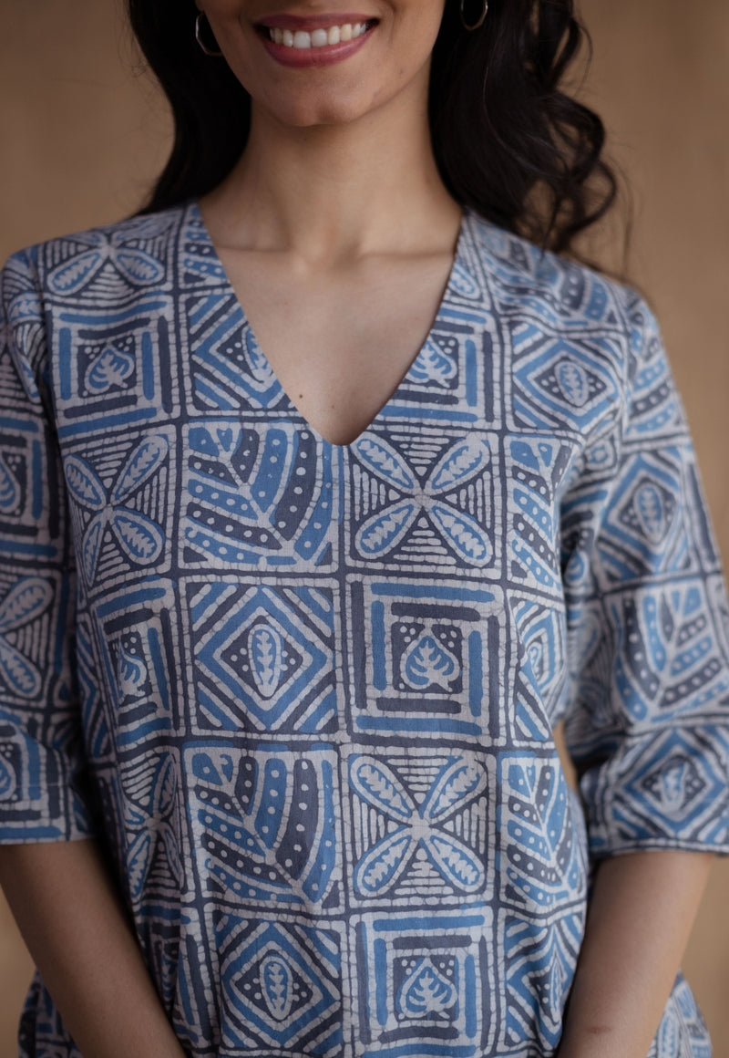 Saniya Blue Batik Cotton Straight Short Top