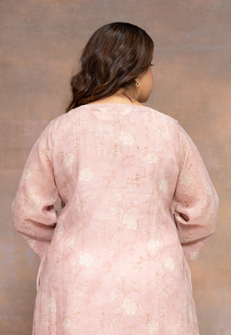 Rose Pink Sanganeri Chanderi Silk A Line Kurta with Mukaish Detailing