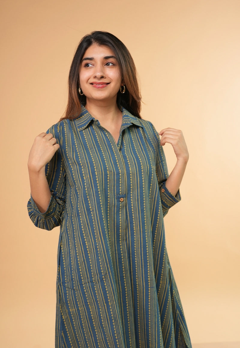 Ridah Blue Ajrakh Cotton A Line Dress