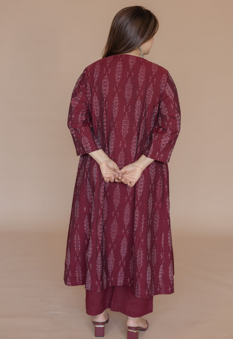 Alizah Red Handloom Ikkat Cotton Jhabbha Kali Kurta