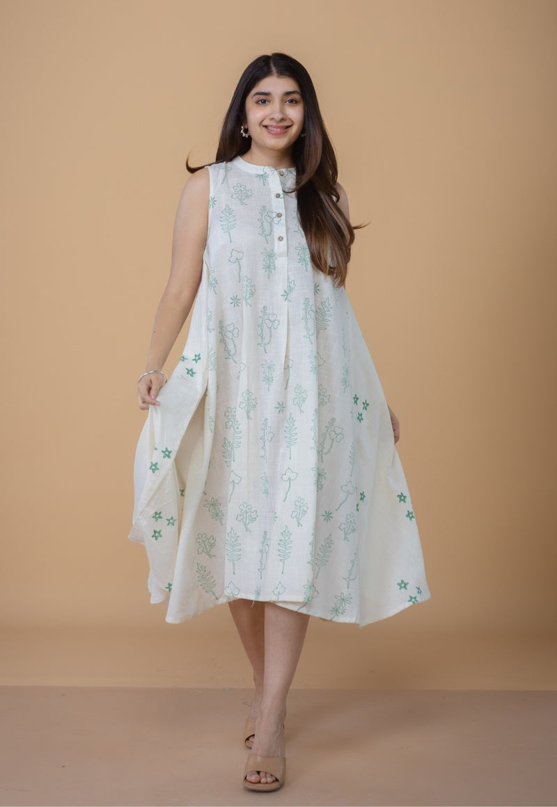 Feriha White Dabu Slub Cotton A Line Dress