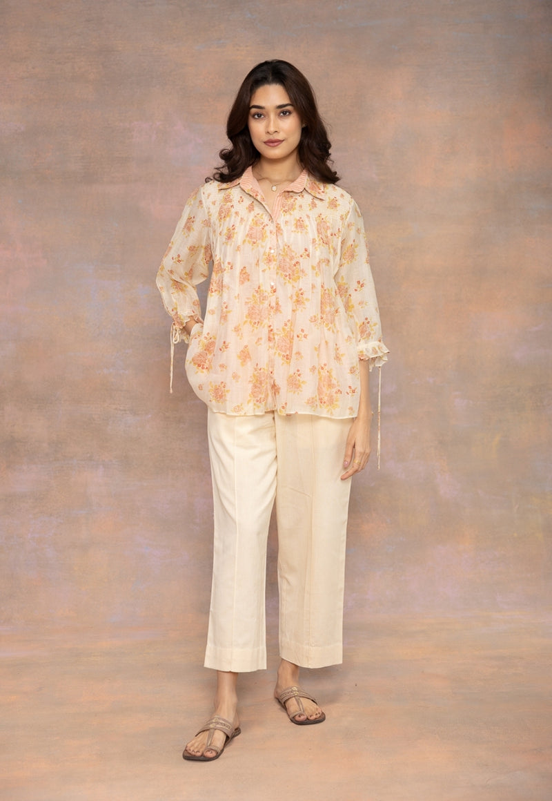 Rozgul Beige Sanganeri Chanderi Silk Straight Shot Top with Hand Embroidery