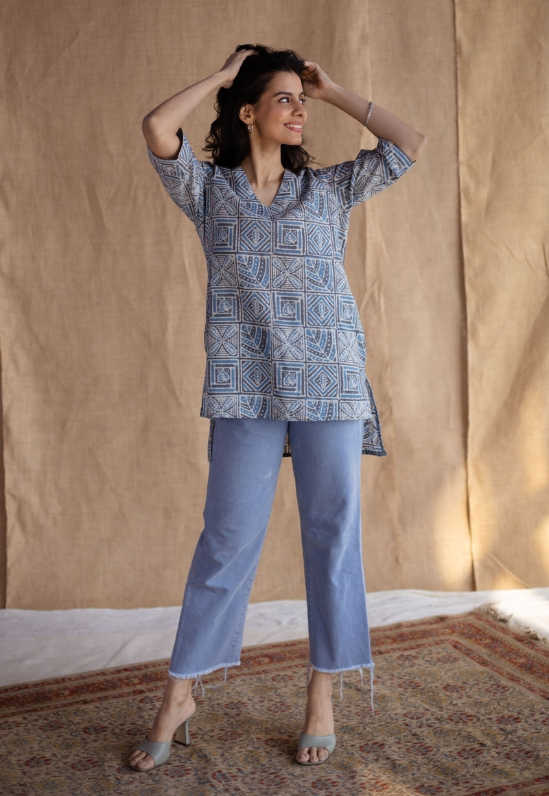 Saniya Blue Batik Cotton Straight Short Top