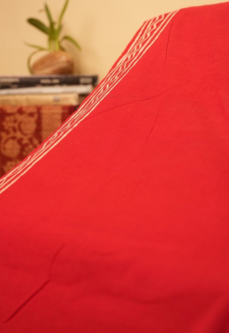 Red Butti Dabu Hand Block Print Cotton Saree