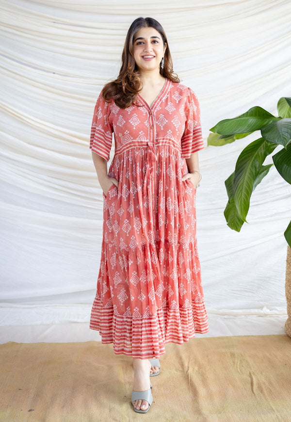 Zara Red Batik MulMul Cotton A Line Dress