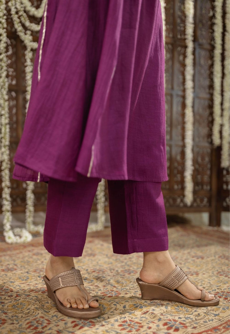 Nitara Purple Kali Chanderi Silk Gota Patti Kurta Set (Set of 3)