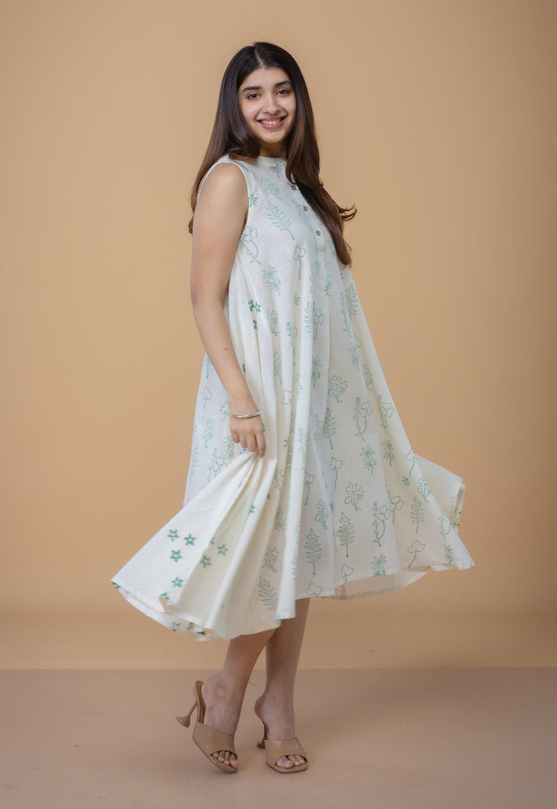 Feriha White Dabu Slub Cotton A Line Dress