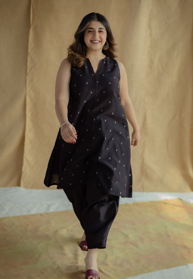 Nida Black Ajrakh Chanderi Silk A Line Kurta with Hand Embroidery