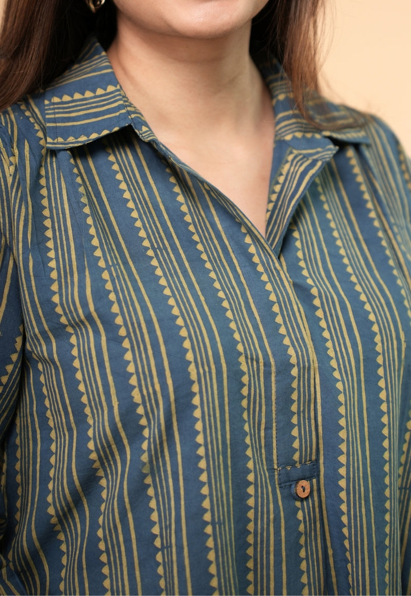 Ridah Blue Ajrakh Cotton A Line Dress