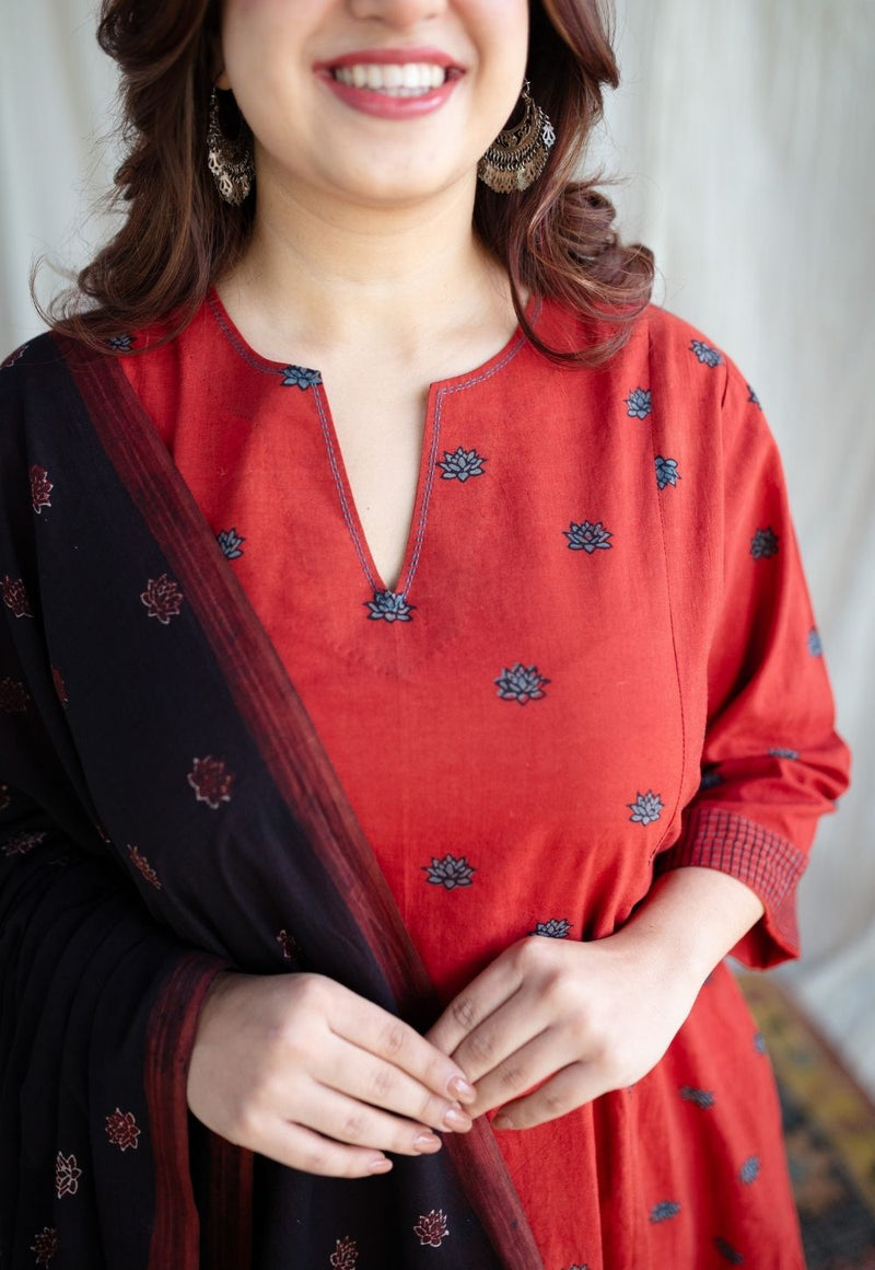 Kamal Red Ajrakh Cotton Kali Kurta with Hand Embroidery