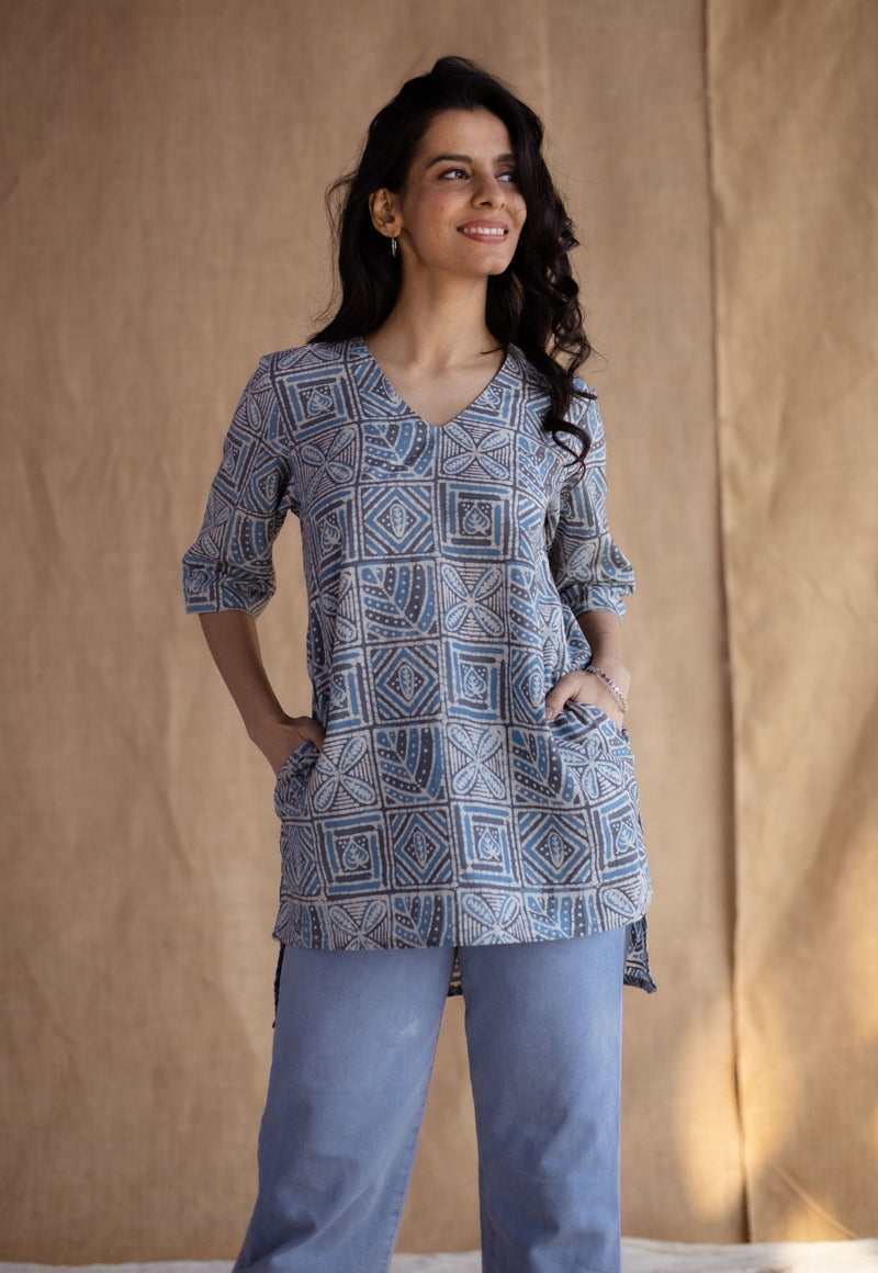 Saniya Blue Batik Cotton Straight Short Top