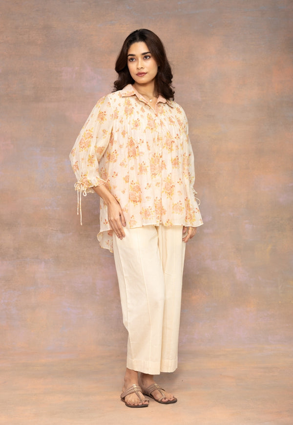 Rozgul Beige Sanganeri Chanderi Silk Straight Shot Top with Hand Embroidery