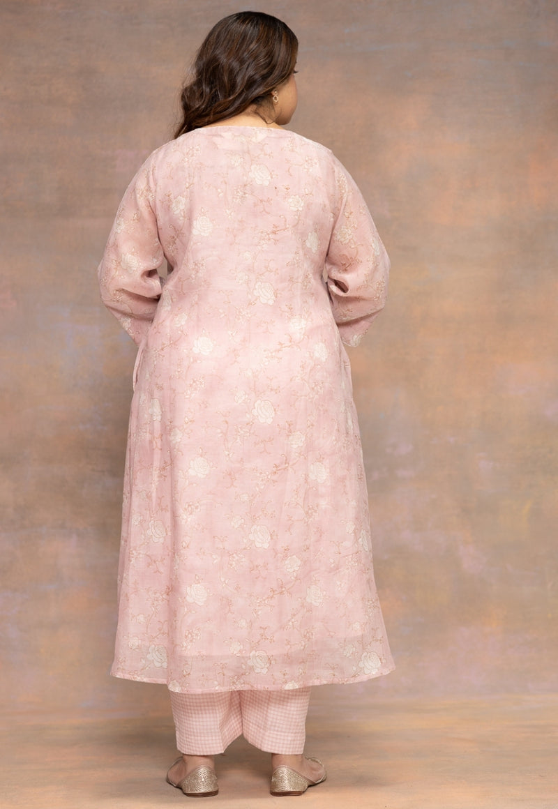 Rose Pink Sanganeri Chanderi Silk A Line Kurta with Mukaish Detailing