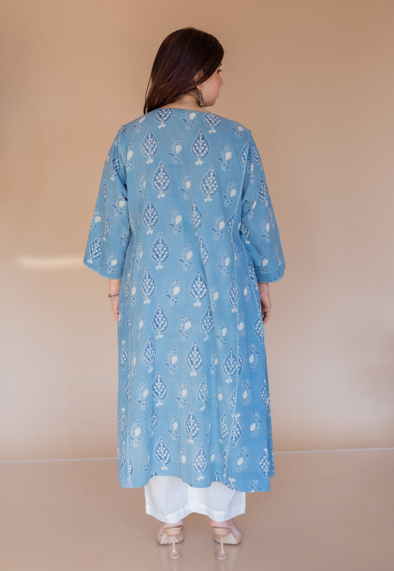 Aashi Blue Ajrakh Cotton Jhabbha Kali Kurta