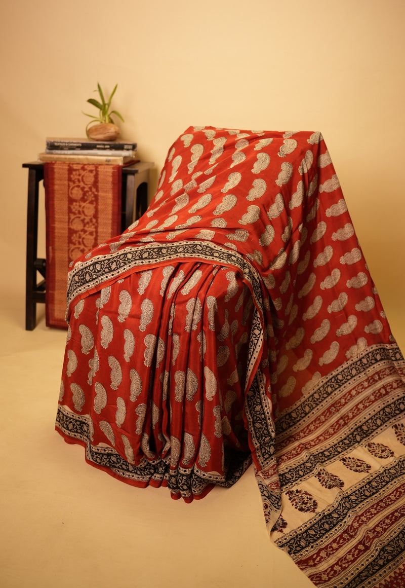 Red Geometric Bagru Hand Block Print Modal Saree