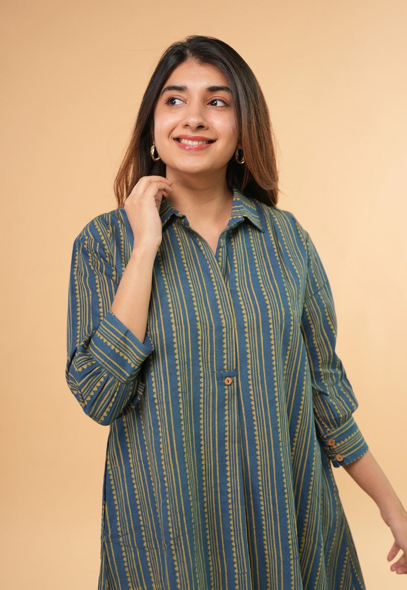 Ridah Blue Ajrakh Cotton A Line Dress