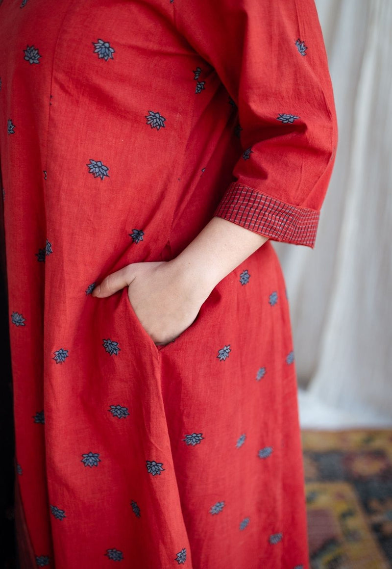 Kamal Red Ajrakh Cotton Kali Kurta with Hand Embroidery