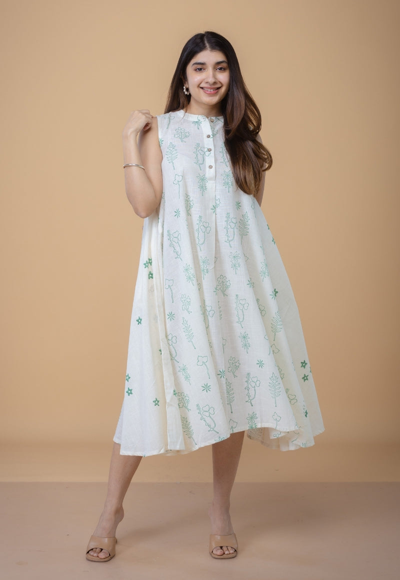 Feriha White Dabu Slub Cotton A Line Dress