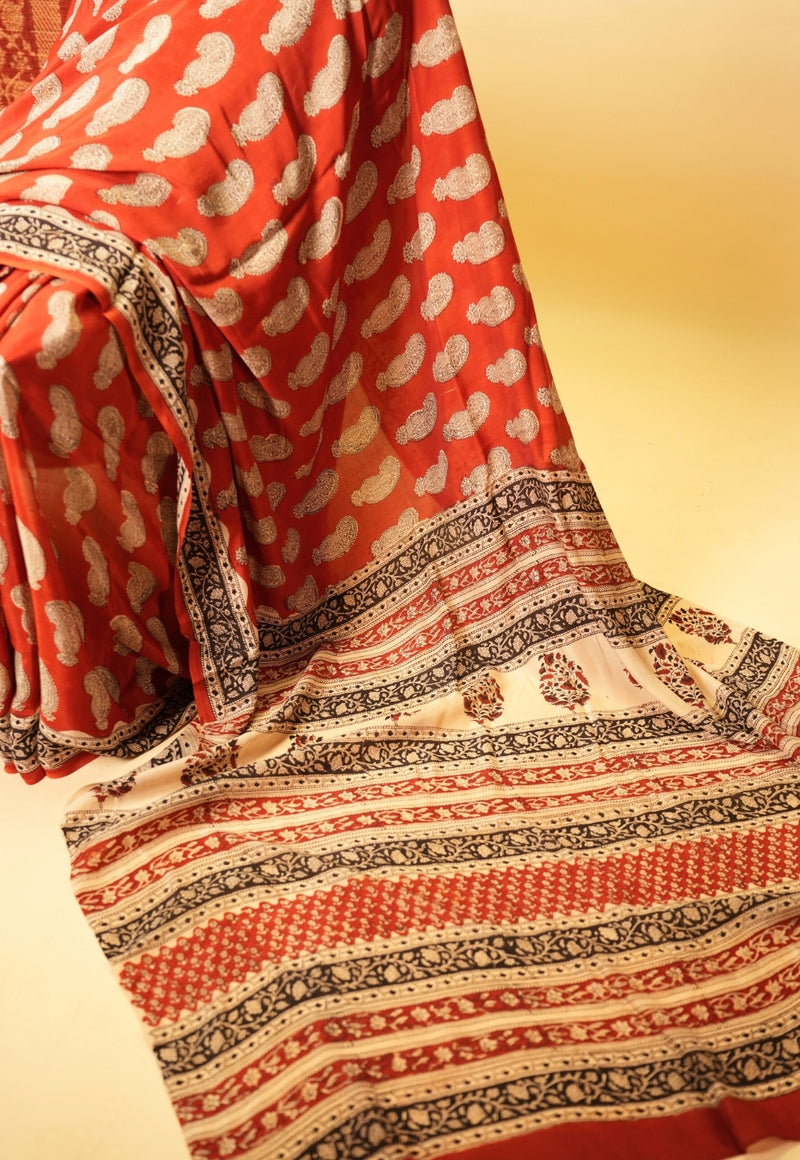 Red Geometric Bagru Hand Block Print Modal Saree