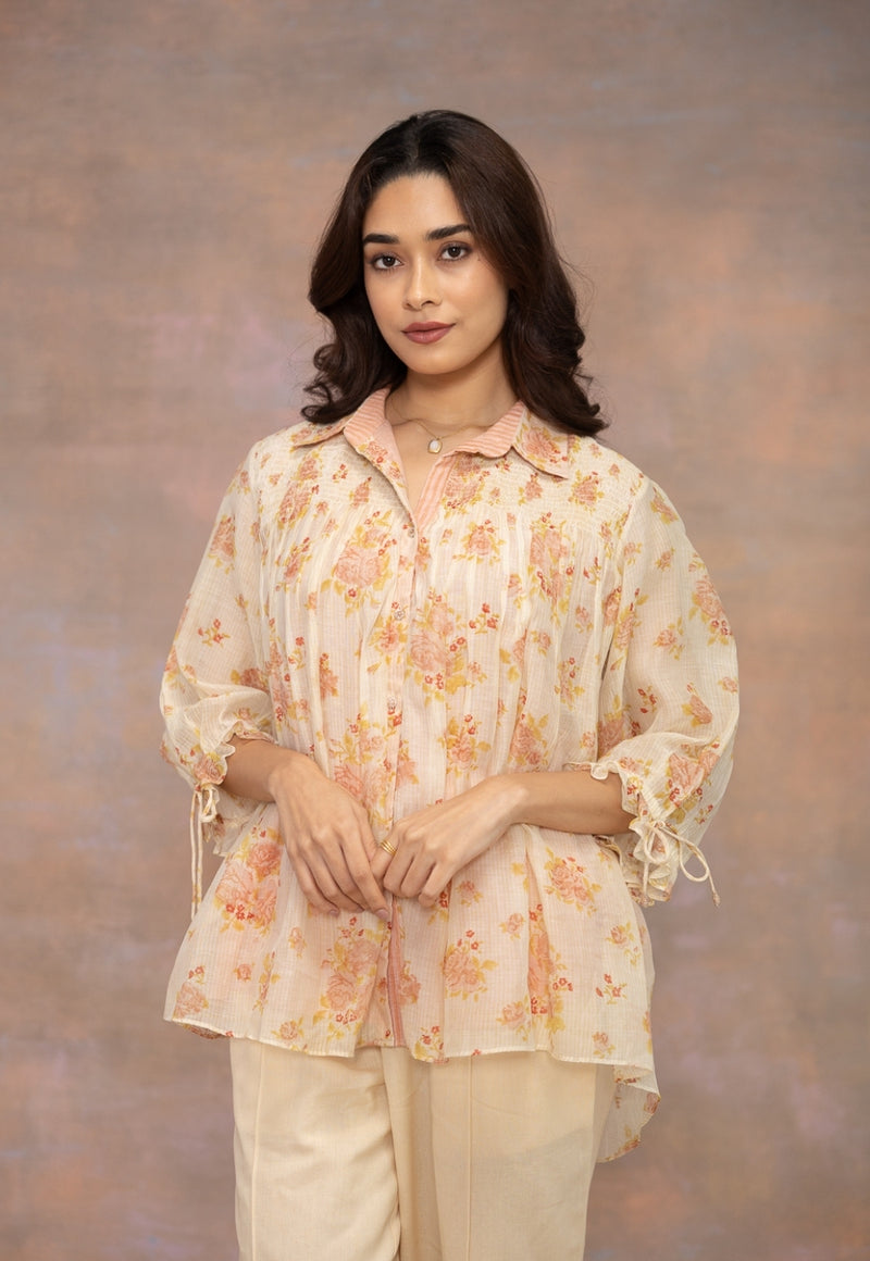 Rozgul Beige Sanganeri Chanderi Silk Straight Shot Top with Hand Embroidery