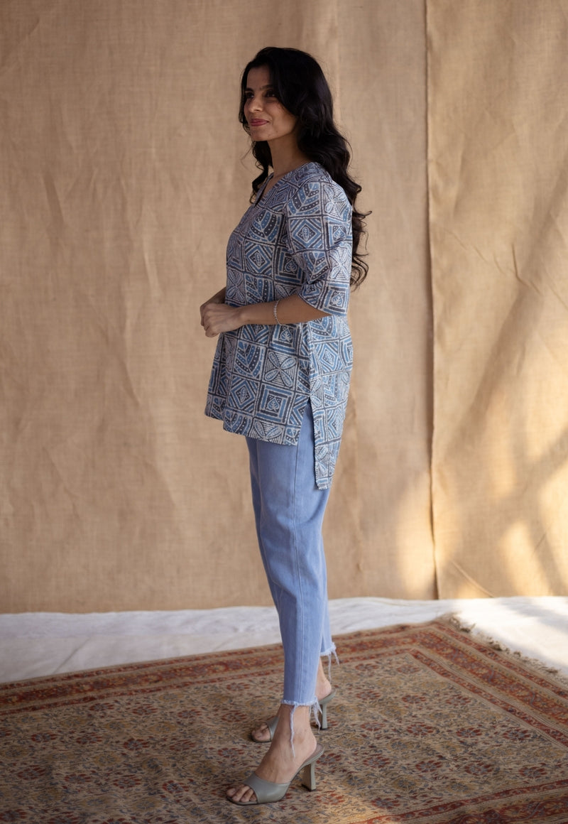 Saniya Blue Batik Cotton Straight Short Top