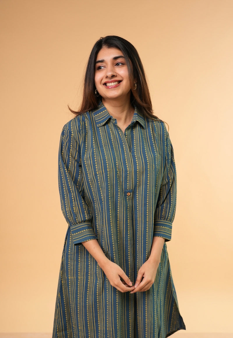 Ridah Blue Ajrakh Cotton A Line Dress