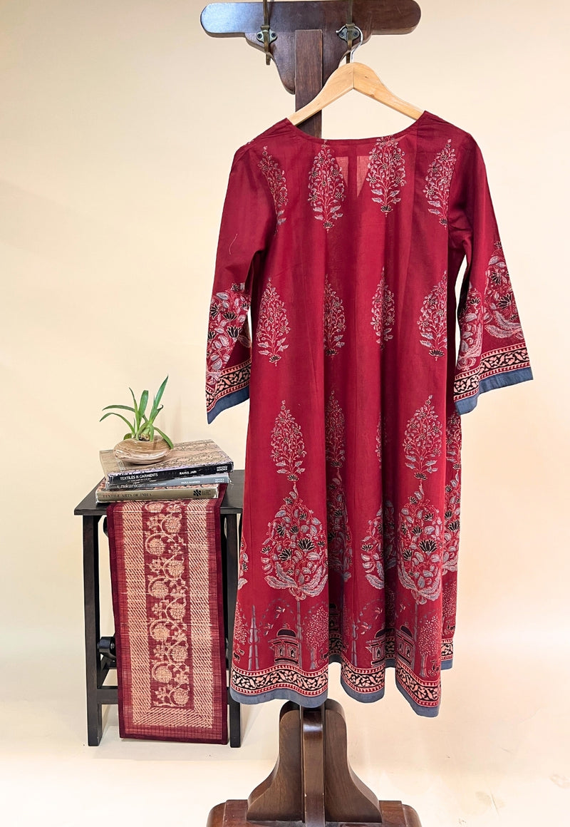 Prisha Red Ajrakh Cotton Kali Kurta