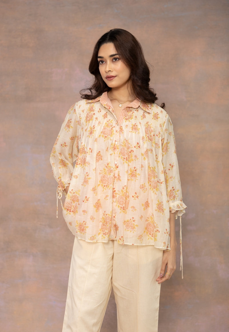 Rozgul Beige Sanganeri Chanderi Silk Straight Shot Top with Hand Embroidery