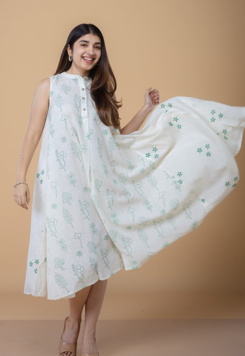 Feriha White Dabu Slub Cotton A Line Dress