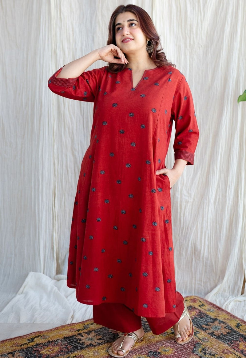 Kamal Red Ajrakh Cotton Kali Kurta with Hand Embroidery