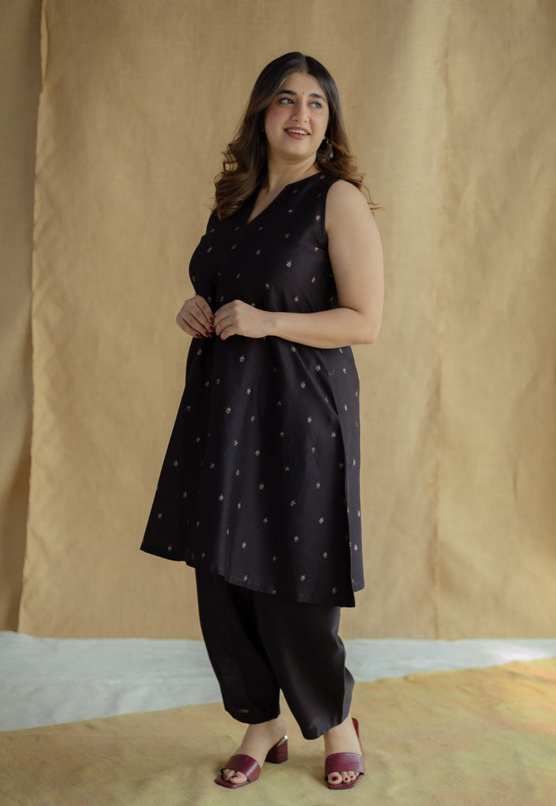 Nida Black Ajrakh Chanderi Silk A Line Kurta with Hand Embroidery