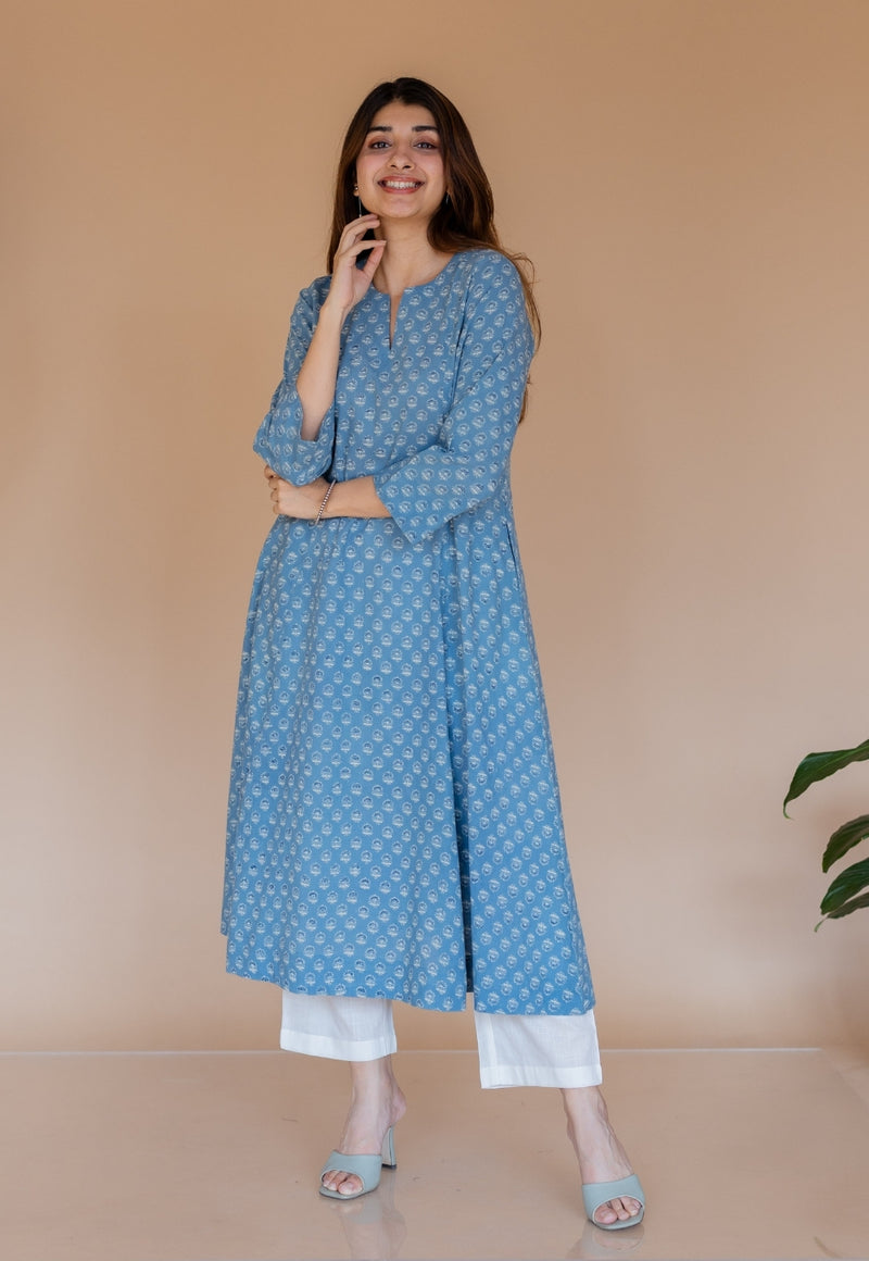 Malika Blue Ajrakh Cotton Kali Kurta
