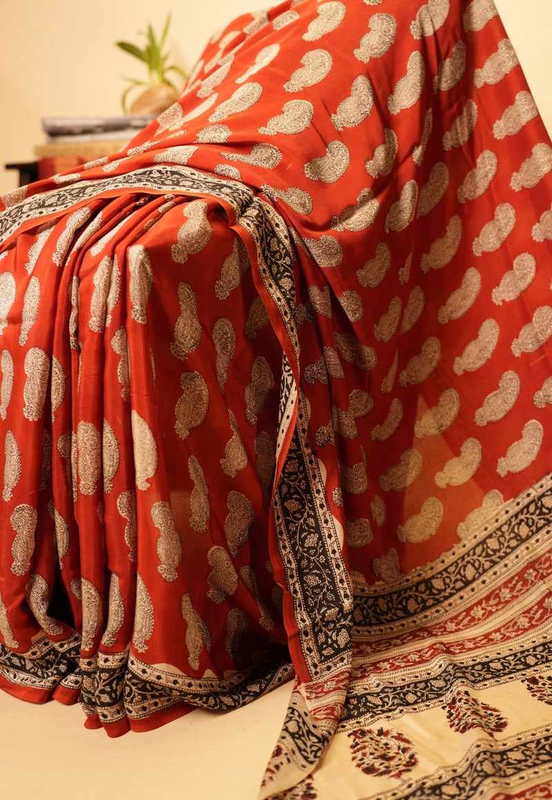 Red Geometric Bagru Hand Block Print Modal Saree
