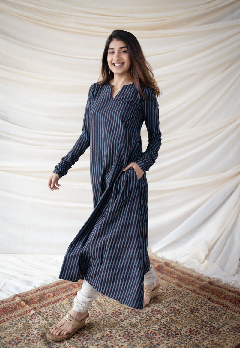 Neela Cotton Striped Ajrakh Kali kurta