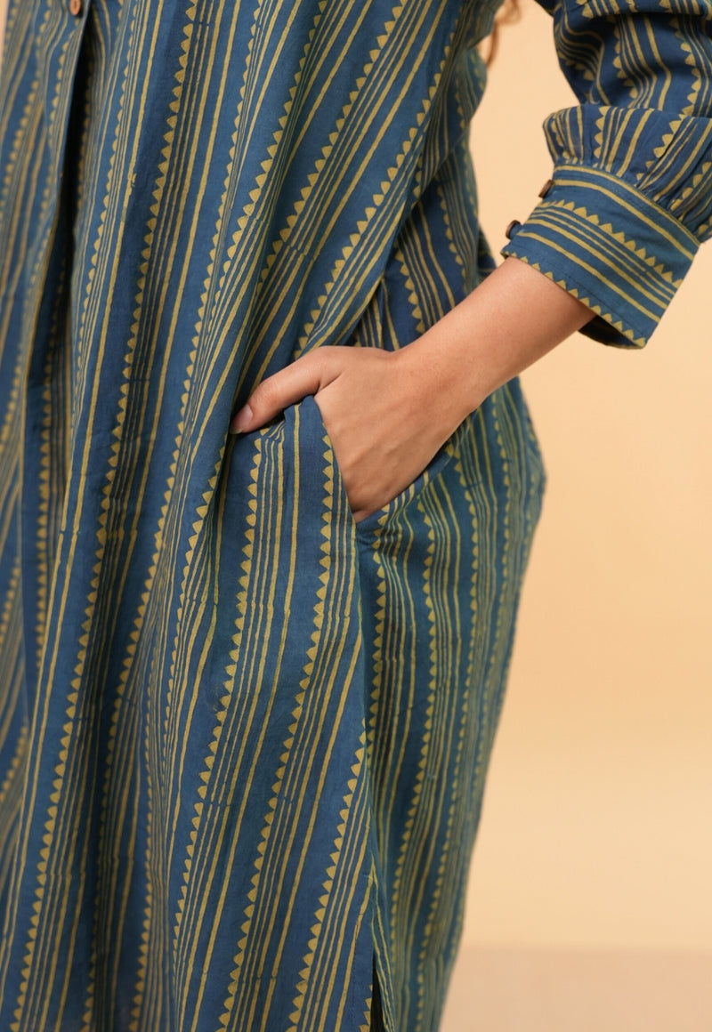 Ridah Blue Ajrakh Cotton A Line Dress