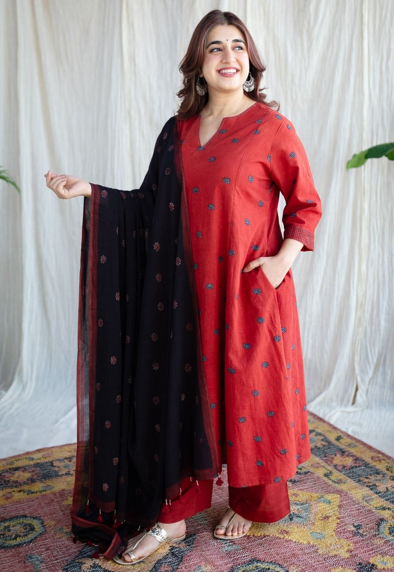 Kamal Red Ajrakh Cotton Kali Kurta with Hand Embroidery