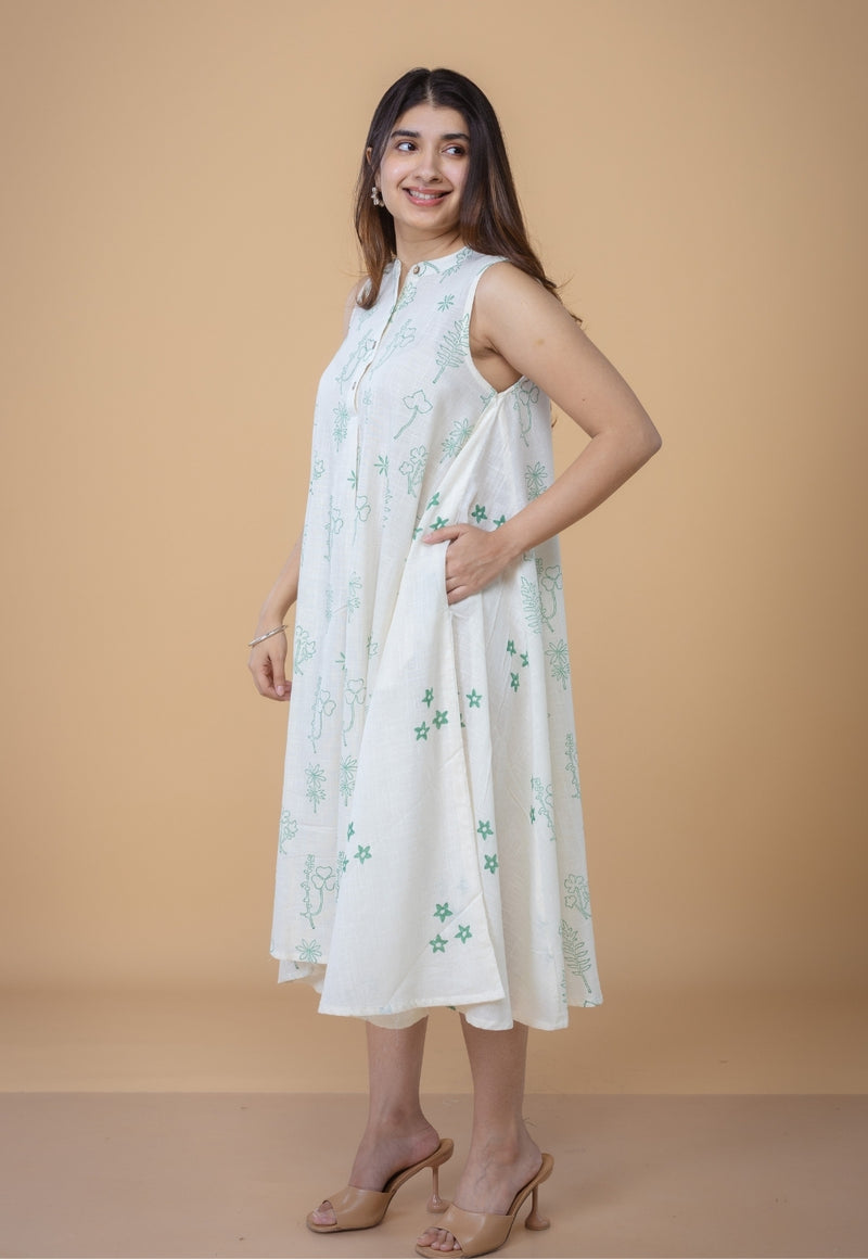 Feriha White Dabu Slub Cotton A Line Dress