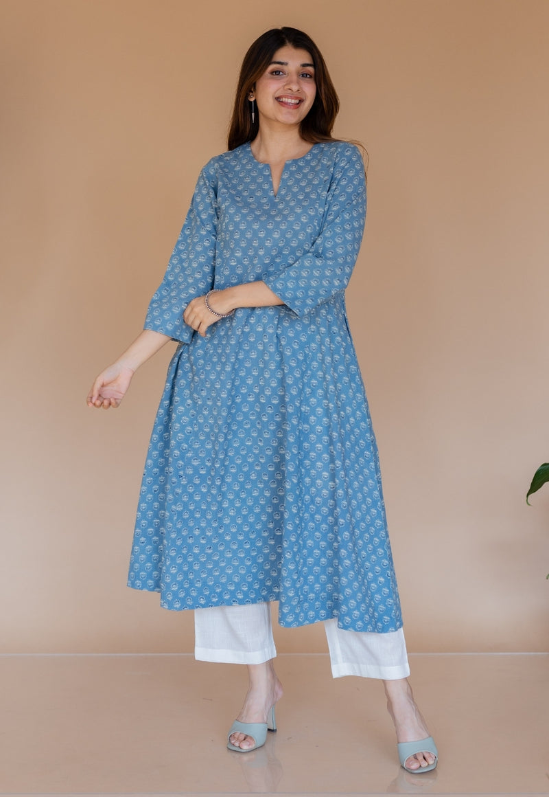 Malika Blue Ajrakh Cotton Kali Kurta