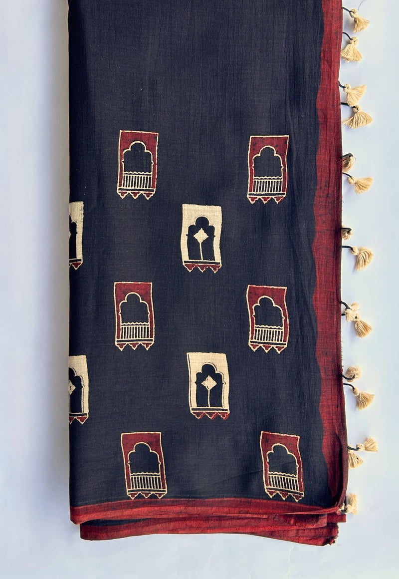 Black-Red Ajrakh Handblock Printed MulMul Saree