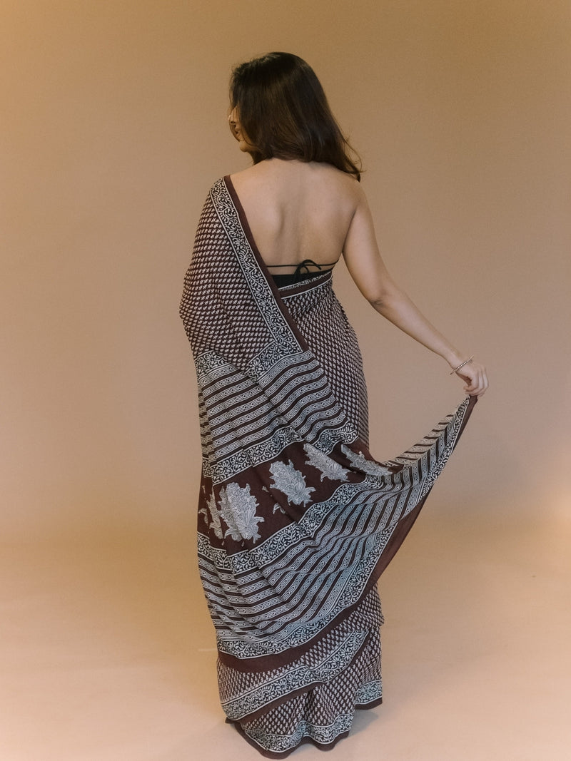 Black Butti Bagru Hand Block Print Modal Saree