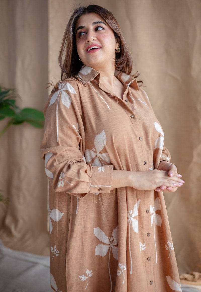 Trusha Light Brown A Line Dabu Slub Cotton Dress