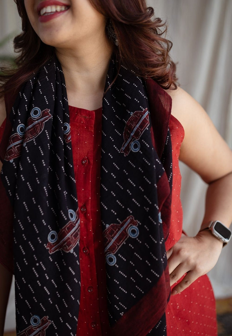 Taxi Charcoal Ajrakh MulMul Handblock Printed Scarf