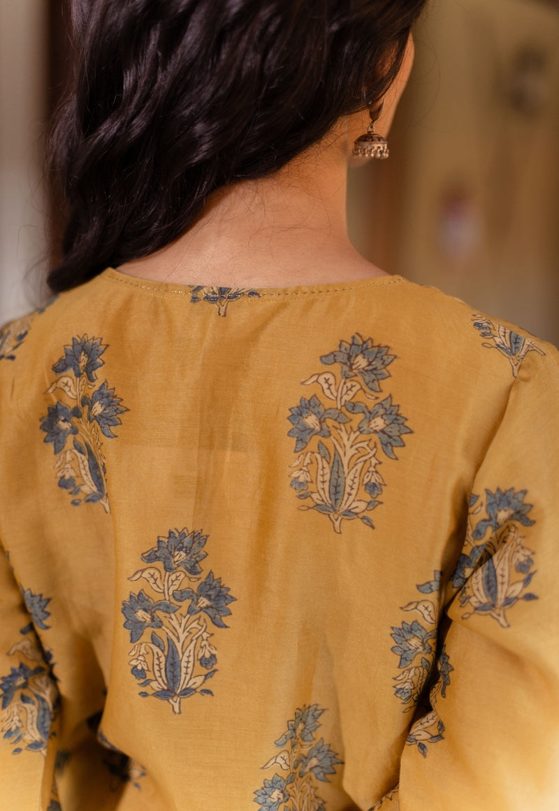 Daksha Mustard Ajrakh Chanderi Silk A Line Kurta with Hand Embroidery