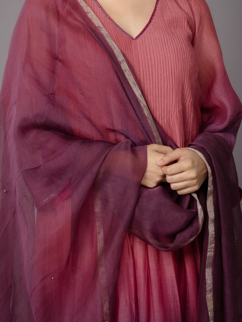 Wine Solid Zari Silk Net Dupatta with Hand Embroidery