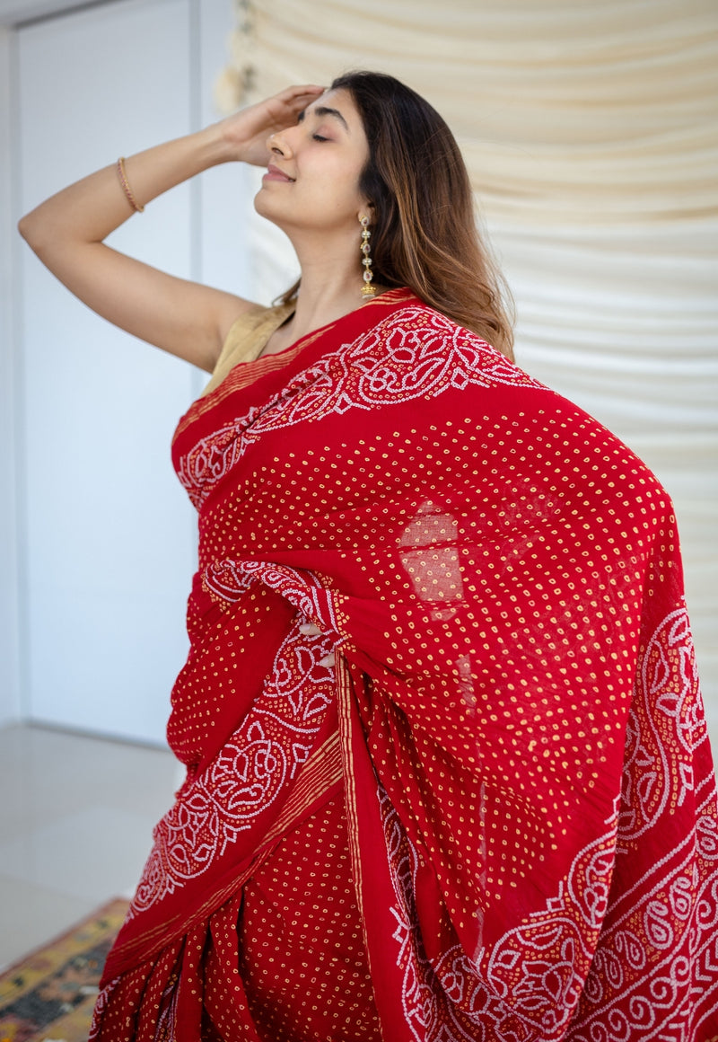 Red Bandhani Cotton  Saree